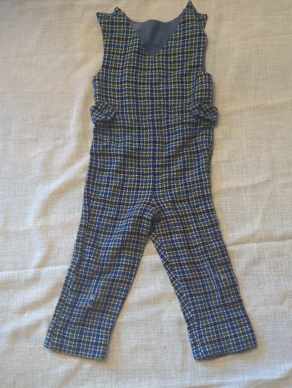 Vintage 1960s 1970s Unisex Plaid Tweed Overalls in Navy and Green